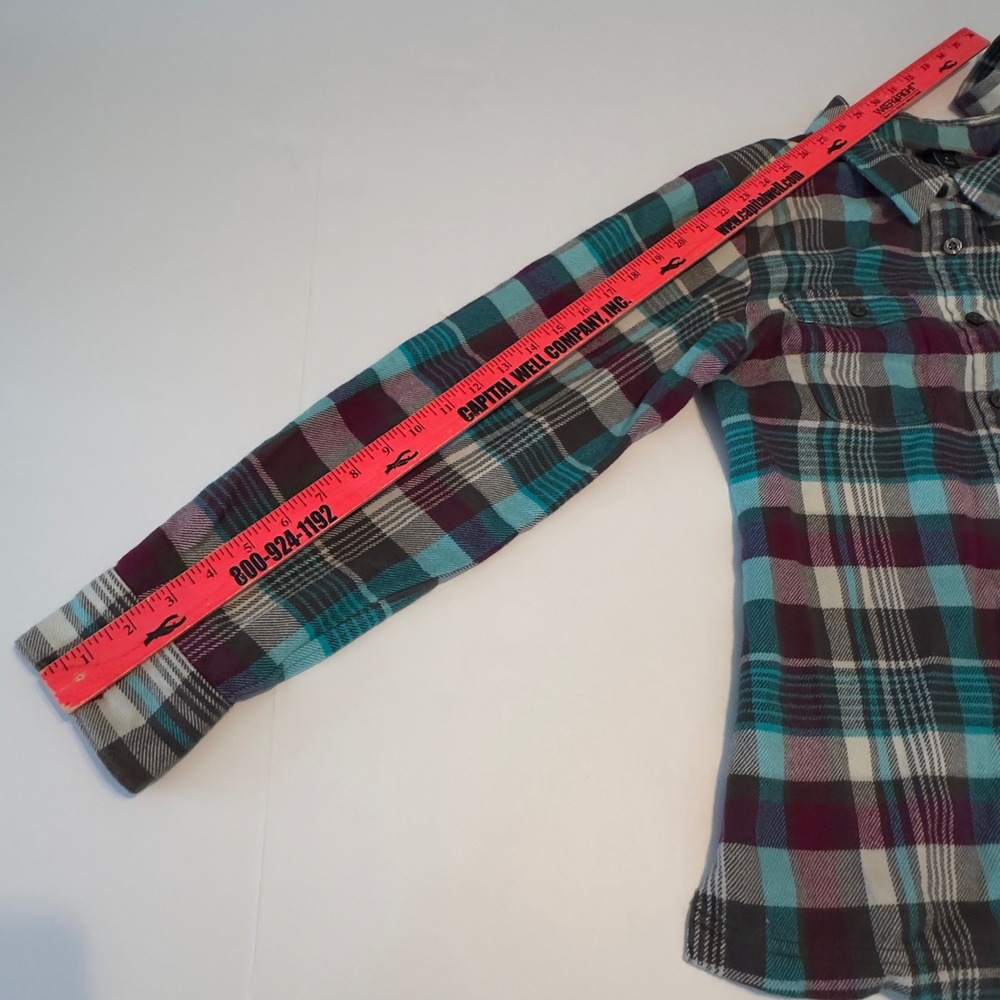 Patagonia Womens Organic Cotton Flannel Plaid Button Down Shirt Teal Purple Sz 6 - Picture 7 of 9